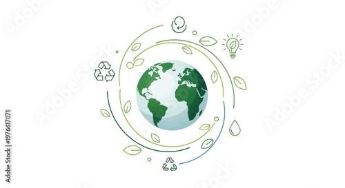 Illustrated Earth Day social media template featuring a green globe with eco icons and swirling vines against a clean white background, presented in a minimalist vector design appropriate