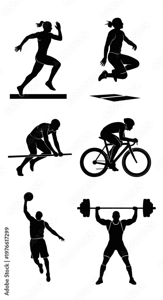 Obraz premium Diverse Sports Silhouettes: Athletes in Action - Running, Jumping, Cycling, Basketball, Weightlifting