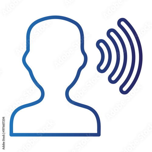 A person icon emits sound waves from their mouth in a gradient blue illustration.
