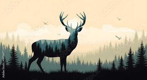 Majestic Deer Silhouette with Forest Landscape Double Exposure Illustration