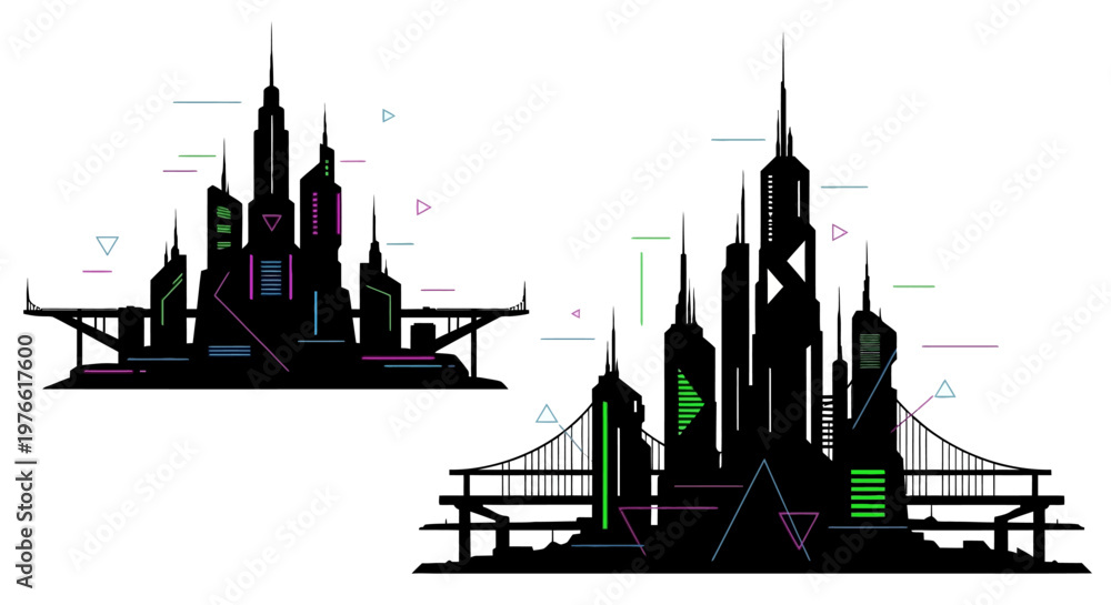 Naklejka premium Futuristic City Skyline Silhouette with Neon Lights and Geometric Shapes