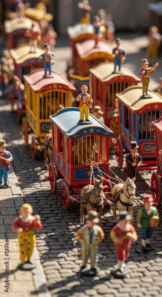 Fototapeta premium Miniature circus parade features hand-painted figurines and horse-drawn animal cages on a cobblestone street.