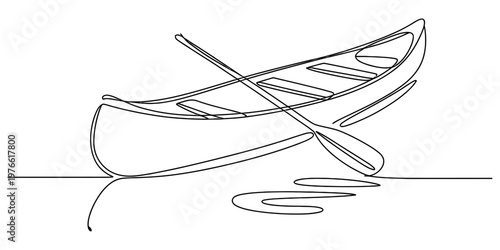 A single continuous line drawing of a simple wooden canoe floating on calm water with a paddle