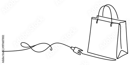A single continuous line drawing of a shopping bag connected to an electrical power plug symbol