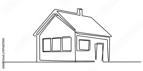A minimalist single line drawing of a simple cottage home with a chimney and windows on white