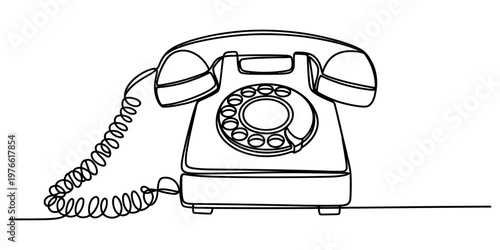 A simple continuous line drawing of a vintage rotary telephone on a plain white background area