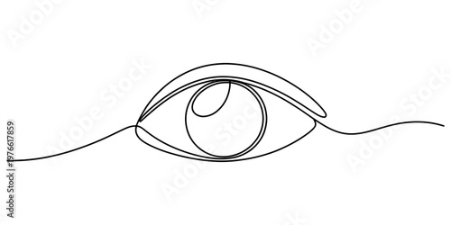 A minimalist black and white line art illustration depicting a single stylized human eye shape