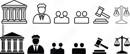 Law and Justice Line Icons Set Court Judge Gavel Legal Scale Lawyer Outline Vector Collection for UI UX Web App Interface Design Editable Stroke