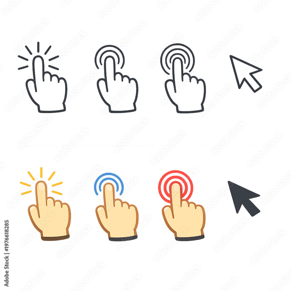 Fototapeta premium Set of hand click icons, outline and flat style cursor symbols. Vector illustration for web interface, app UI, and digital design.