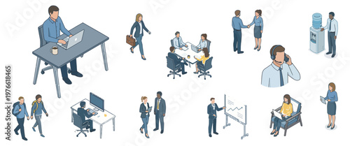Isometric business professionals in modern office environment, diverse corporate interactions.