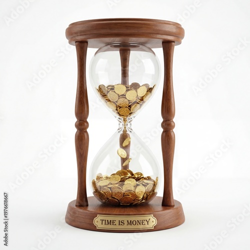 Golden coins flow through glass hourglass framed by wood