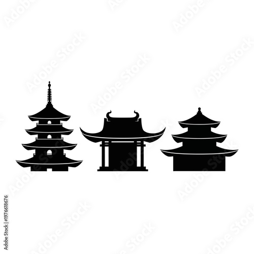 Silhouette of Traditional Asian Pagodas and Temples on White Background