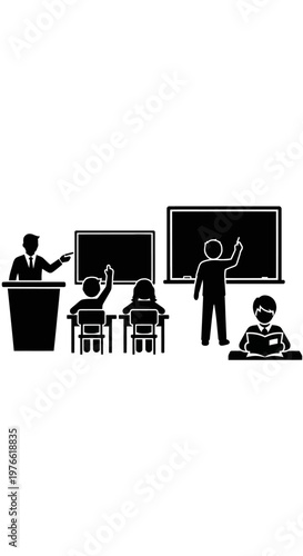 Teacher instructing students in classroom with blackboards and desks