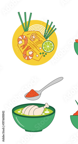 Thai Food Illustration: Pad Thai, Tom Yum Soup, and Ingredients