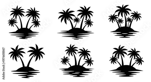Tropical Island Paradise Silhouette Set: Palm Trees on Small Islands in Water