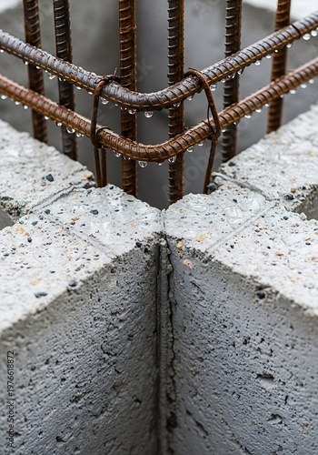 Reinforced concrete construction closeup with water droplets on steel rebar