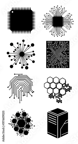 Abstract Technology Icons: Circuit Boards, Network, Data, Server, Microchip, Hexagons