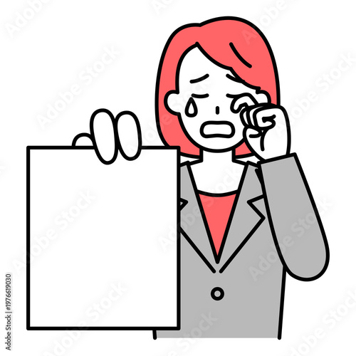 書類を見せて泣くスーツの女性