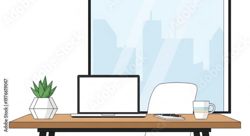 Modern office workspace desk with laptop illustration
