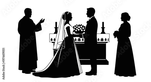 Wedding Ceremony Silhouette: Bride, Groom, Officiant, and Witness at Altar