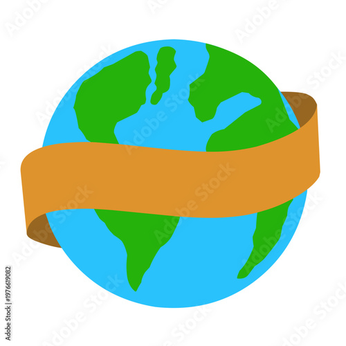 Earth globe icon with blank golden ribbon banner for environmental messages or world earth day celebration
