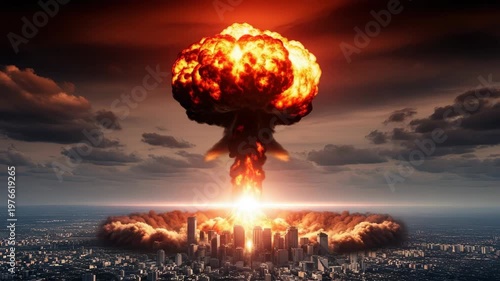 Mushroom Cloud Explodes Over City Depicting Destruction Chaos From Nuclear Blast The Sky Above Is Filled With Smoke Dark Clouds For Disaster Scenarios Concepts Of War
