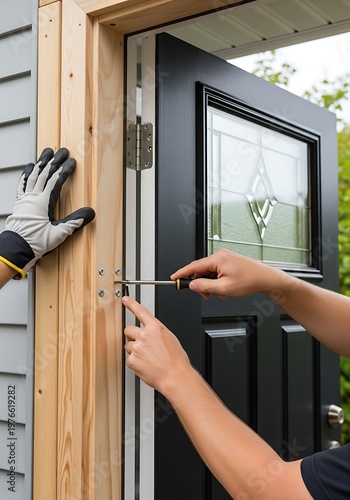 Residential entry door being installed with hand tools and precision