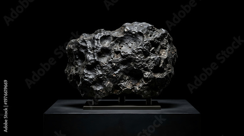Metallic Meteorite Specimen on Stand, Isolated on Black Background