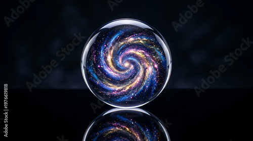 Vibrant Spiral Galaxy Captured in a Reflective Glass Sphere on Dark Surface