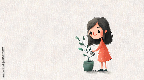 A girl is watering a plant