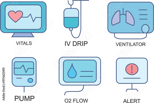 Medical Equipment Icon Set, Hospital Healthcare Icons Collection for World Health Day, IV Drip, Ventilator, Monitor and Oxygen Flow Outline Pack