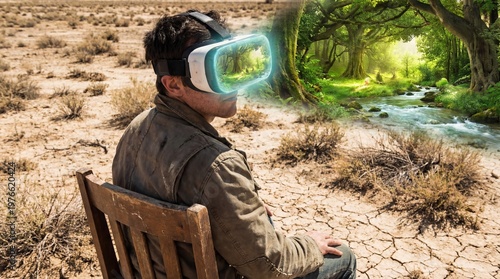 Man wears VR headset, immersed in digital forest