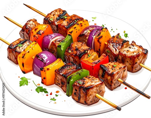 Delicious Grilled Meat and Vegetable Skewers on a White Plate.
