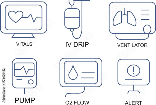 Medical Equipment dark blue Line Icon Set, Hospital Healthcare Icons Collection for World Health Day, IV Drip, Ventilator, Monitor and Oxygen Flow Outline Pack