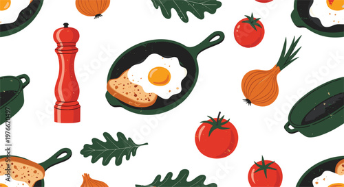 Breakfast food seamless pattern vector. Flat illustration of fried egg, toast, cast iron skillet, red pepper mill, tomatoes, and onions for kitchen design.