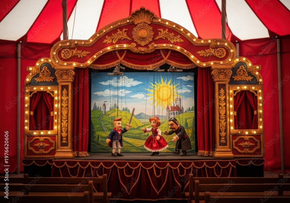 Fototapeta premium Puppet theater stage presents a dramatic scene featuring hand-manipulated figures.