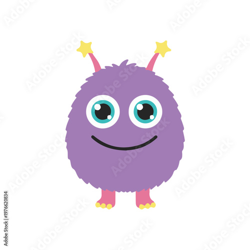 Adorable purple monster with star antennas illustration, cute fuzzy alien mascot in flat vector style