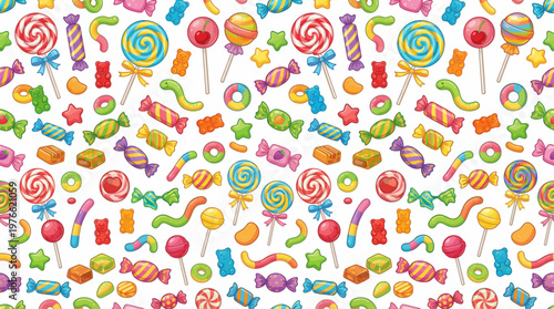 Seamless Pattern of Colorful Cartoon Candy Sweets with Lollipops Gummy Bears Worms and Wrapped Treats for Playful Backgrounds Textiles and Gift Wrapping Designs