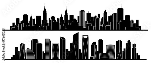 Modern city skyline silhouettes with skyscrapers on transparent background set.