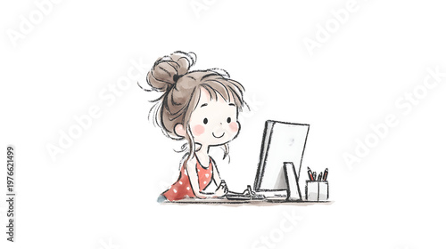 A girl is sitting at a desk with a computer monitor in front of her