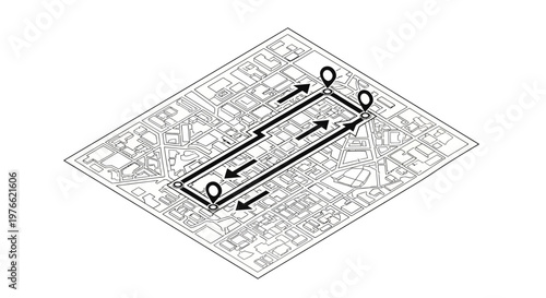 Isometric map with route and location pins, illustrating navigation and travel planning.