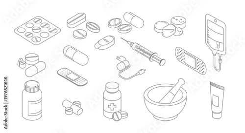 Isometric medical supplies and pharmaceutical products for healthcare and treatment.