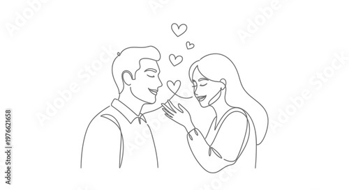 Line art illustration of a loving couple sharing an intimate moment with hearts.