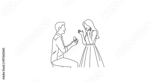 Man proposing to woman with engagement ring.