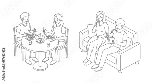 Two couples enjoying leisure time, one dining at a table, the other relaxing on a sofa.