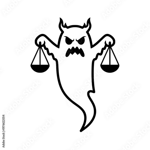Angry ghost carrying scales of justice line art icon