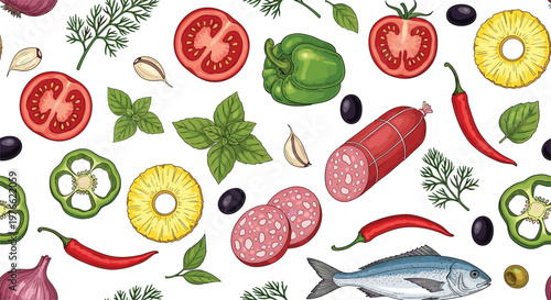 Gourmet food seamless pattern vector. Vintage engraving illustrations of fish, salami, tomatoes, peppers, pineapple, and herbs for deli, pizzeria, and restaurant design.