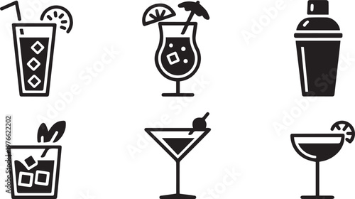 Minimalist Cocktail Drink Icons Set, Juice, Martini, Smoothie, Beverage Vector Collection.