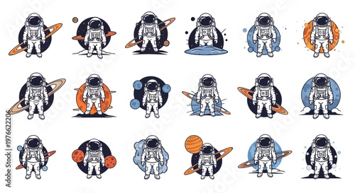 A set of diverse astronaut illustrations, celebrating International Day of Human Space Flight, set against varied planet backdrops, rendered in a clean vector style with bright, cheerful