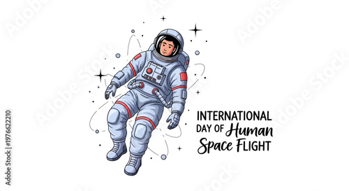 Digitally illustrated vector art for International Day of Human Space Flight, depicting an astronaut floating in space among stars and orbital paths, set against a clean white background
